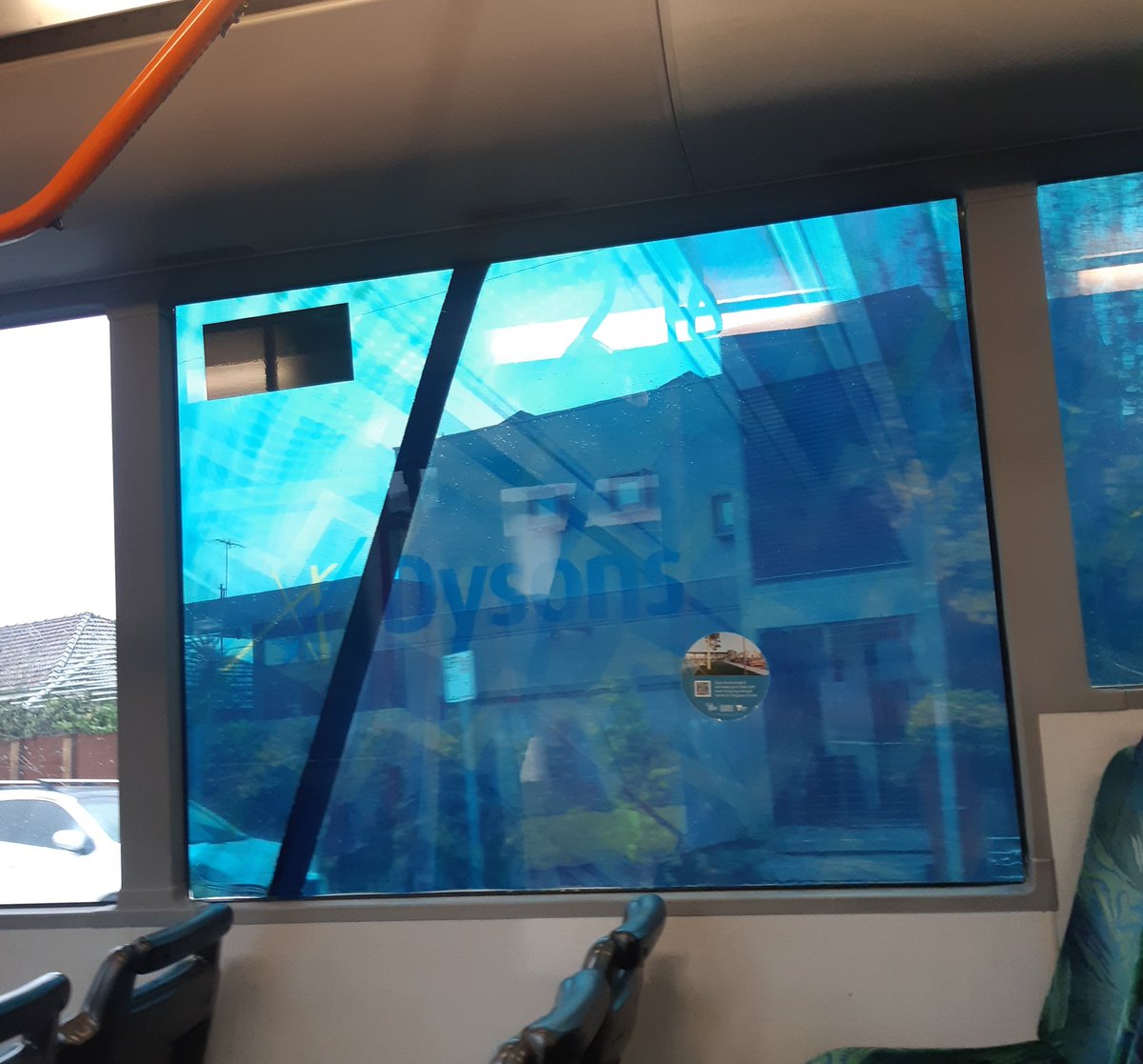 anth0888's tweet photo. There should be some sort of guidelines around public transport windows not being obstructed by advert wrapping. 

Ie on this train replacement bus today. 

Yes you can still see (albeit through the dots) but esp with lower light etc it becomes cavernous/hard to see #springst https://t.co/sQxkxaDimM