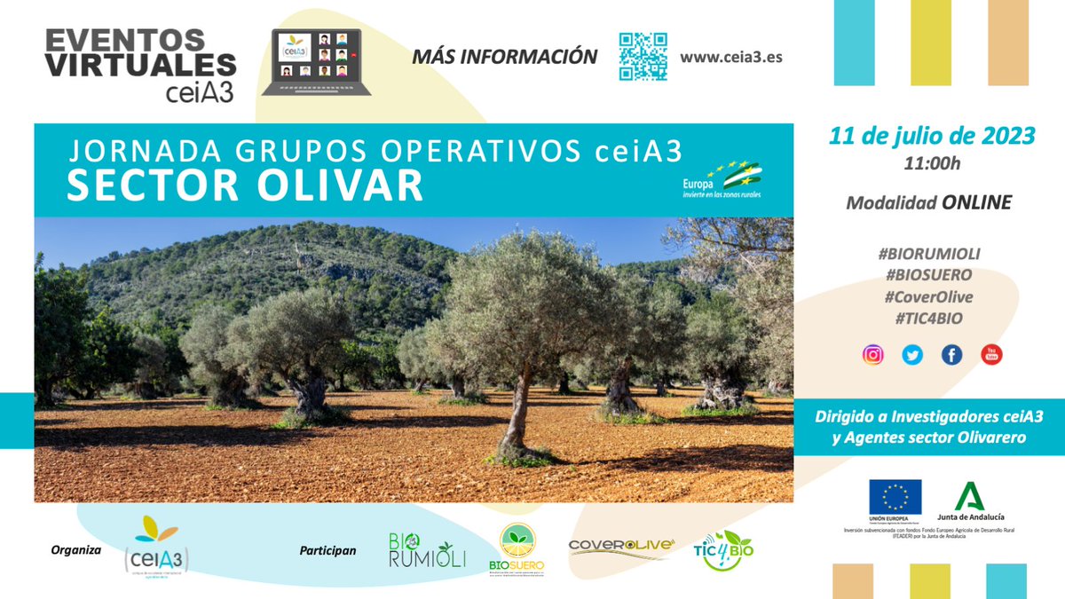 🌿¿Quieres conocer los avances de los grupos operativos del 𝘀𝗲𝗰𝘁𝗼𝗿 𝗼𝗹𝗶𝘃𝗮𝗿 en los que trabaja @cei_A3 ?
✔️sinergias
✔️interacción
✔️transferencia hacia el sector

🔜11 julio🔛11.00h
💻online

🆙bit.ly/44aatO6
#BIORUMIOLI #BIOSUERO #CoverOlive y #TIC4BIO