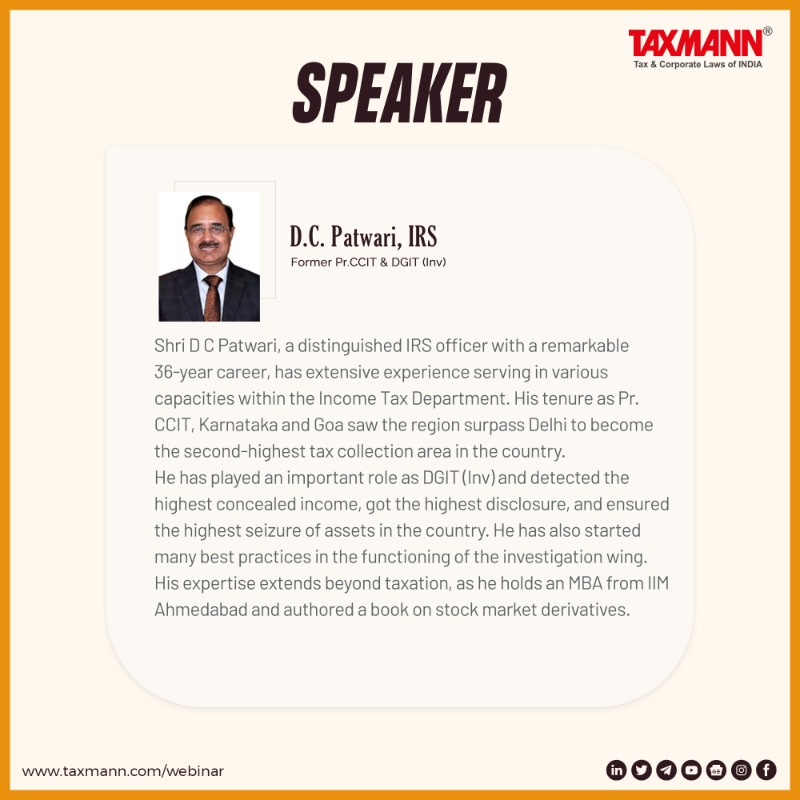 taxmannindia's tweet photo. #BenamiAct
Join #TaxmannWebinar | Demystifying Benami Transactions & Actions under the Benami Act
📅 29th July 2023 (Sat) | 🕒 5:00 PM – 6:00 PM (IST)
💻 Register Now! https://t.co/7rHclOr9yQ
📢 Speaker: D.C. Patwari – IRS | Former Pr. CCIT & DGIT (Inv)
#TaxmannUpdates
