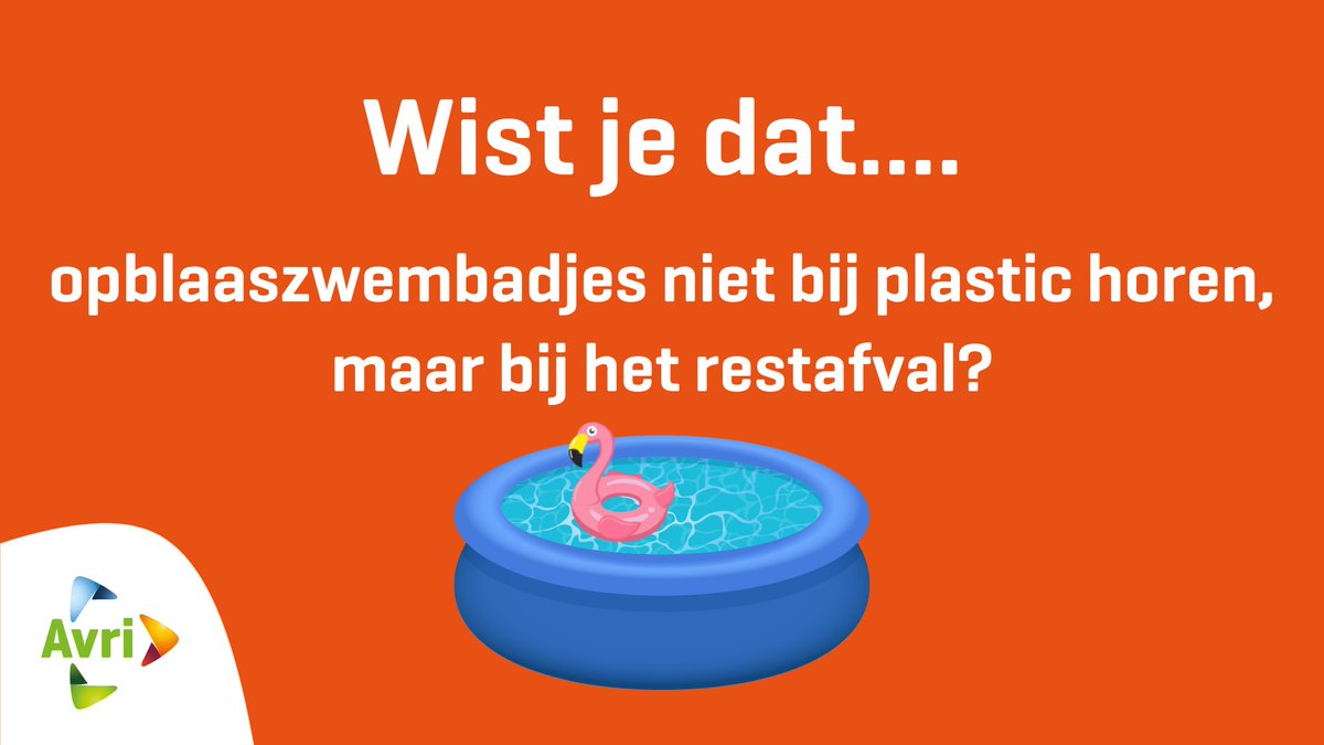 AvriSchoon's tweet photo. Gedurende de zomerperiode zien wij veel kapotte opblaaszwembadjes (inflatables) in onze plastic grondstoffenstroom terechtkomen. Deze horen bij het restafval. Ken jij iemand met een opblaaszwembadje heeft en deze tip kan gebruiken? Tag diegene dan!

#avri #afvalscheiding https://t.co/jNgvMcITc7