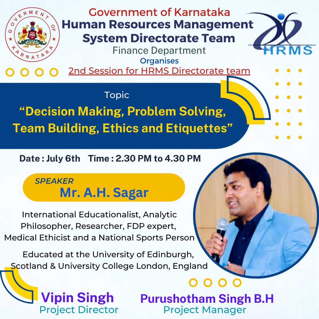 SagarEarthling's tweet photo. Having received a phenomenal feedback for my First Session, on Thursday, 6th July, I will be conducting my Second Training Programme for the HRMS Directorate Team, Finance Department, Government of Karnataka, Bangalore. #hrms2 #HRMS #sagarah #sagarahearthling #ahsagar #fiscal https://t.co/fwXr5tIOpz