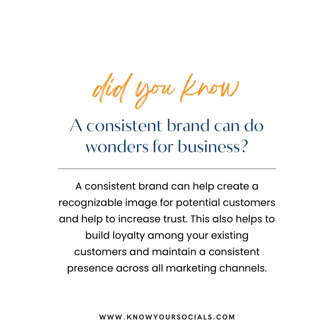 KnowSocials's tweet photo. Brand consistency is important because it leads to brand recognition. When customers recognize your brand (and have positive associations with it), they’re more likely to make purchases and commit to your company for the long term. 
 #brandconsistency 
 #knowyoursocials💡 https://t.co/SvhZJ6kVuR