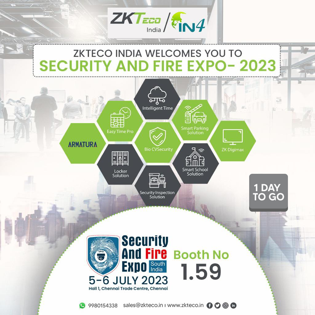 zk_india's tweet photo. One Day to Go!
Join us at the #SecurityAndFireExpo (SAFE), the #SouthIndia's biggest event, to experience our futuristic solutions at first-hand!
And explore the incredible lineup of brand-new segments – the #ARMATURA Cutting-Edge #Technology #ZKDIGIMAX Smart
#ZKTeco #IN4 https://t.co/hXBxwjFjUk