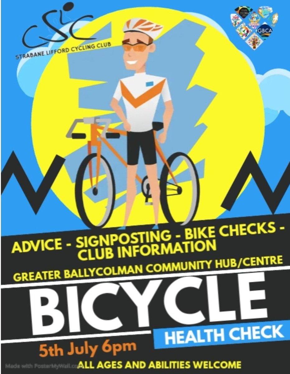 Ballycolman_Hub's tweet photo. BICYCLE HEALTH CHECKS &amp; ADVICE

Come join the lads &amp; lassies of Strabane &amp; Lifford Cycling Club tomorrow night (Wednesday) 6pm Greater Ballycolman Community Hub/Centre and have your bicycle checked to ensure safe operation.

FREE TO ALL AGES..... NO APPOINTMENTS REQUIRED. https://t.co/AjZQjOV48E