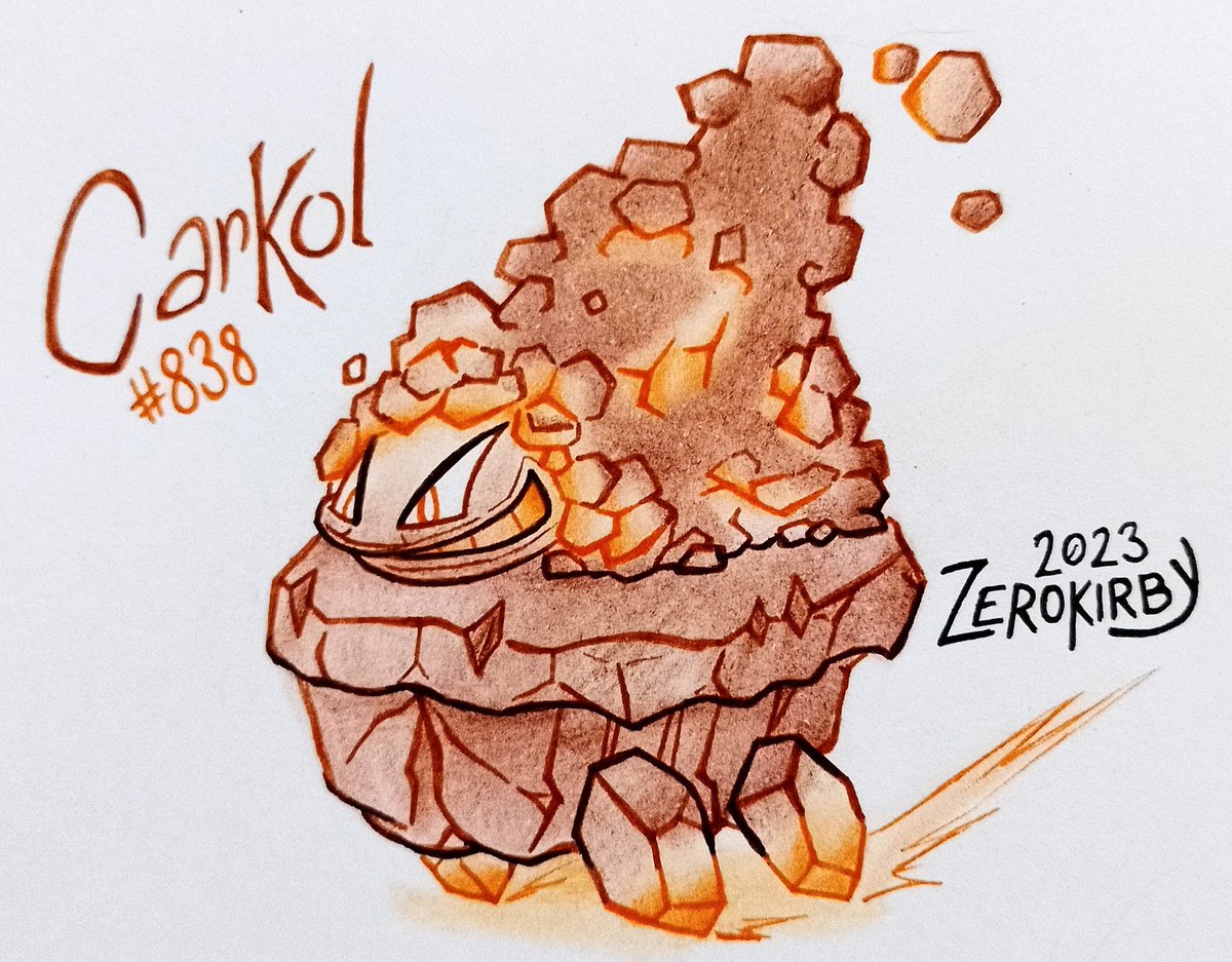 ZeroKirbyArts's tweet photo. Day 907 of the #ZeroDex (Galar Edition)

#838 - Carkol
[Rock/Fire]

It forms coal and tar inside its body, keeping it stable and fueled. Ir runs around when excited, leaving behind patches of burning tar.

#pokemon #Carkol #pokemonart #fanart #pokedexchallenge #traditionalart https://t.co/sH8I3jhIDd
