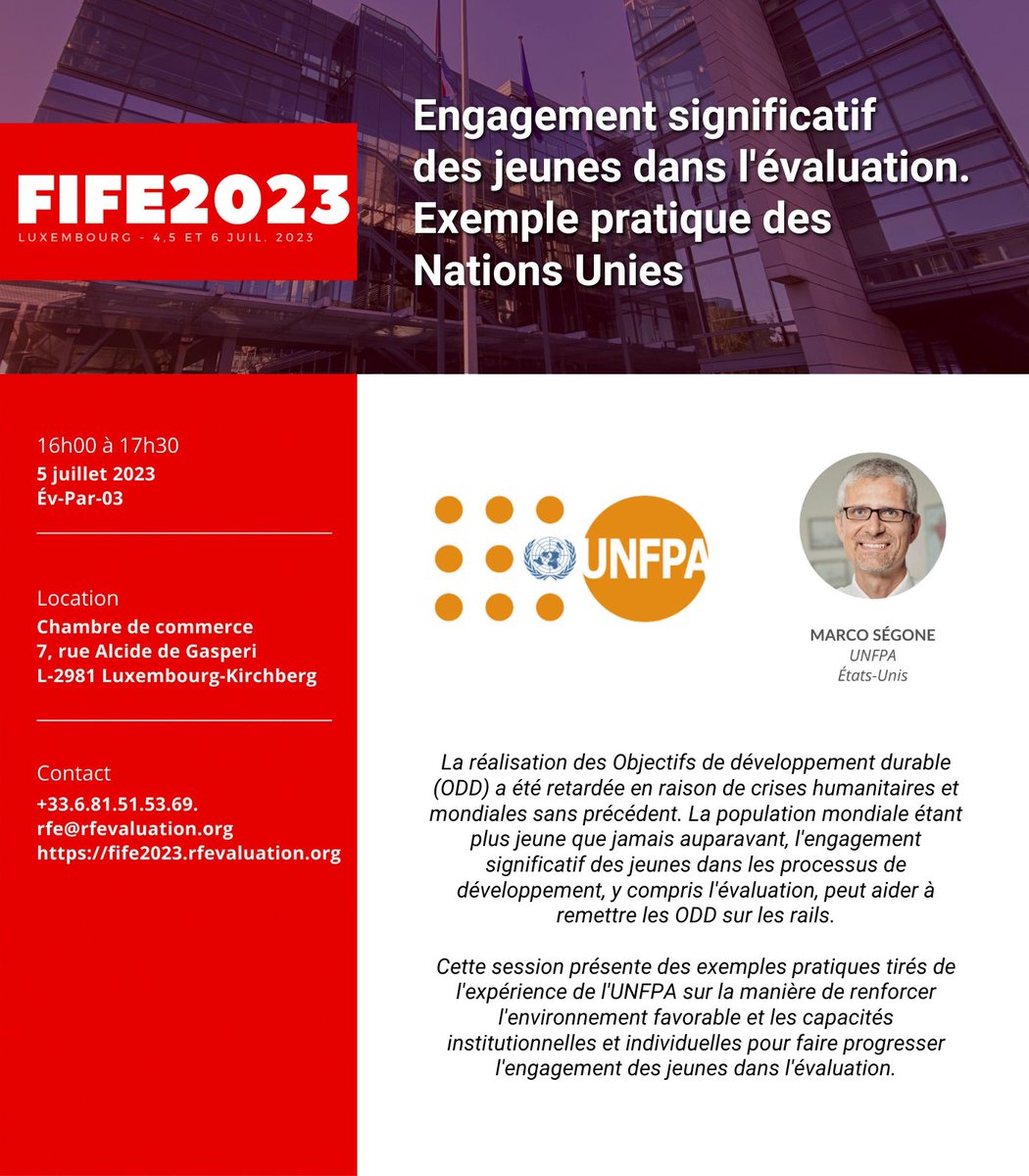 We are supporting YOUth to engage at FIFE2023!

How?
✔Scholarships for youth to attend FIFE2023
✔#Evaluation career development workshop
✔Session on UN lessons &amp; experiences in engaging youth in evaluation

🔗fife2023.rfevaluation.org
#Eval4Action