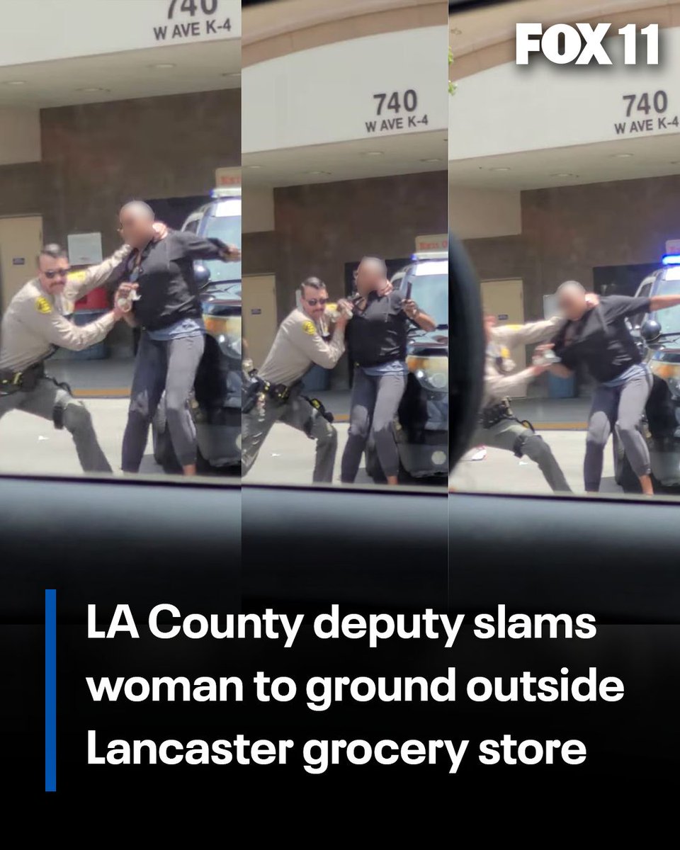 FOXLA's tweet photo. An LA County deputy was seen in a cell phone video slamming a woman to the ground outside a grocery store in Lancaster https://t.co/JF8p6WghdW https://t.co/MTQ1R7TdoQ
