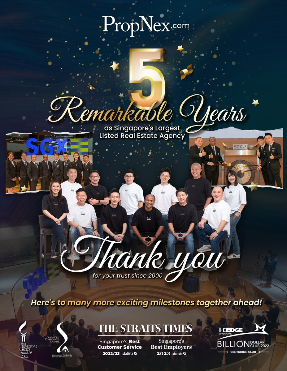 PropNexRealty's tweet photo. Incepted in 2000, PropNex became a listed company on 2 July 2018 with a market cap of S$240.5m and has grown to Singapore’s largest listed real estate group with 12,017 sales professionals (as of 3 July 23). 5th Anniversary of PropNex’s listing on the SGX https://t.co/nv1KEW4j5a
