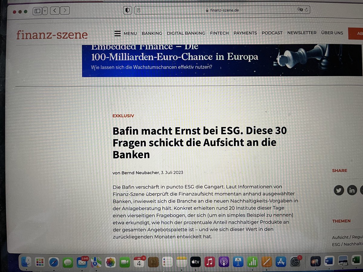 neubacher_b's tweet photo. #Bafin #ESG #Mifid II Die Bafin hat eine Marktuntersuchung gestartet, um herauszufinden, wie Banken die im August 2022 eingeführte Pflicht umsetzen, in der Anlageberatung die Nachhaltigkeitspräferenzen ihrer Kunden abzufragen. https://t.co/pcUyvqp1nT