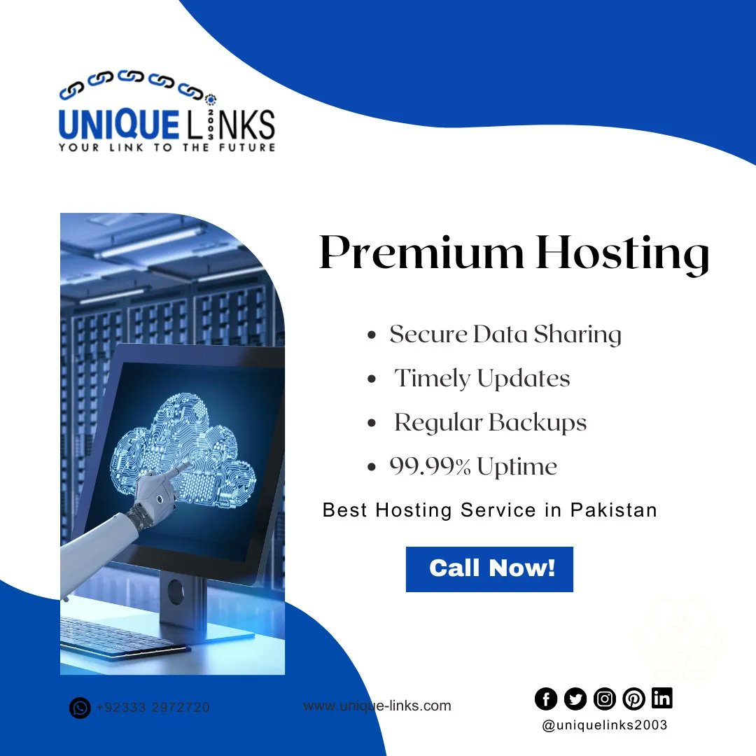 Premium Hosting
- Secure Data Sharing
- Timely Updates
- Regular Backups
- 99.99% Uptime
Best Hosting Service in Pakistan
Call now!

Contact Us At:
unique-links.com
.
.
#uniquelinks #uniquelinkswebhosting #SecureDataSharing #webhostingservices #TimelyUpdates