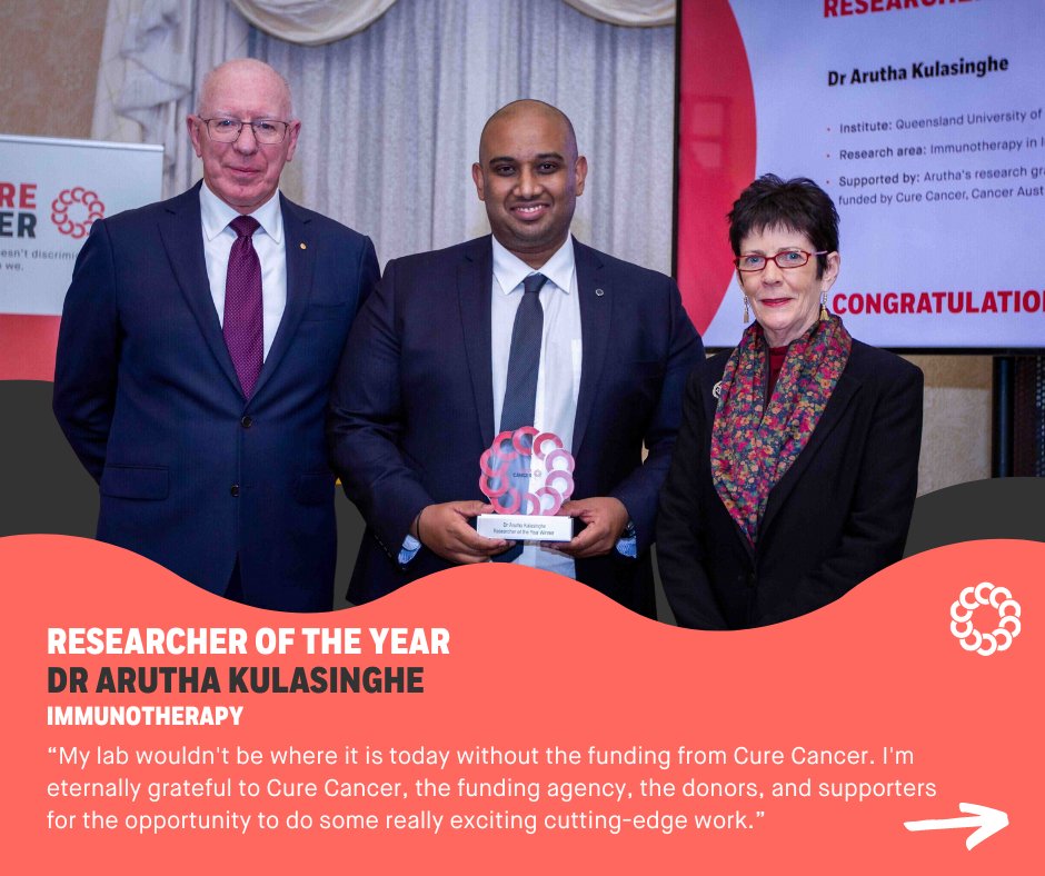 CureCancerAu's tweet photo. ✨ Congratulations to our 2023 Researchers of the Year @aruthak @JessHolien @Dr_MarkAdams for their incredible work in immunotherapy, ovarian cancer and lung cancer. Read more about the awards night here: https://t.co/lWgGXtgULk @UQ_News @ResearchRMIT @QUT_Genomics @QUT @TRI_info https://t.co/Q7DBJFweSa
