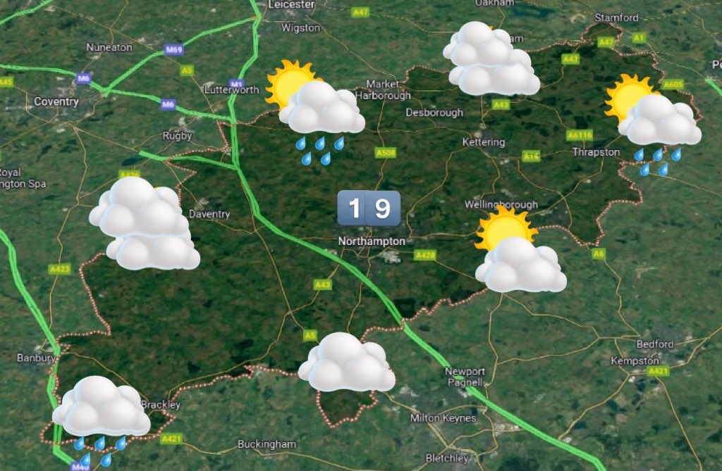 Good morning #Northamptonshire.

Cloud, some sunny spells and scattered showers today. A southwesterly breeze. 19°C.

Mostly dry tomorrow and Thursday with sunny spells. 19°C.

Dry with long sunny spells on Friday and feeling warmer at 26°C.