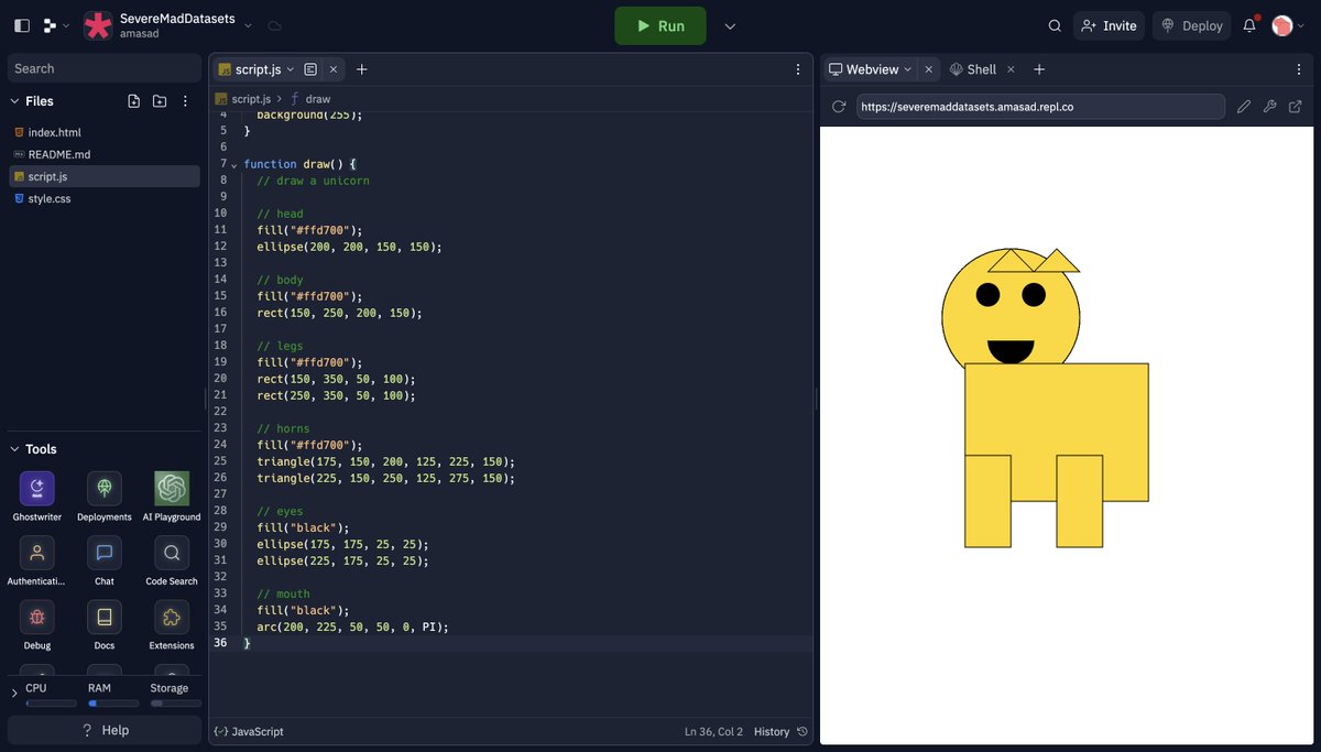 amasad's tweet image. "draw a unicorn in p5.js"

replit-finetuned-3b vs GPT4
