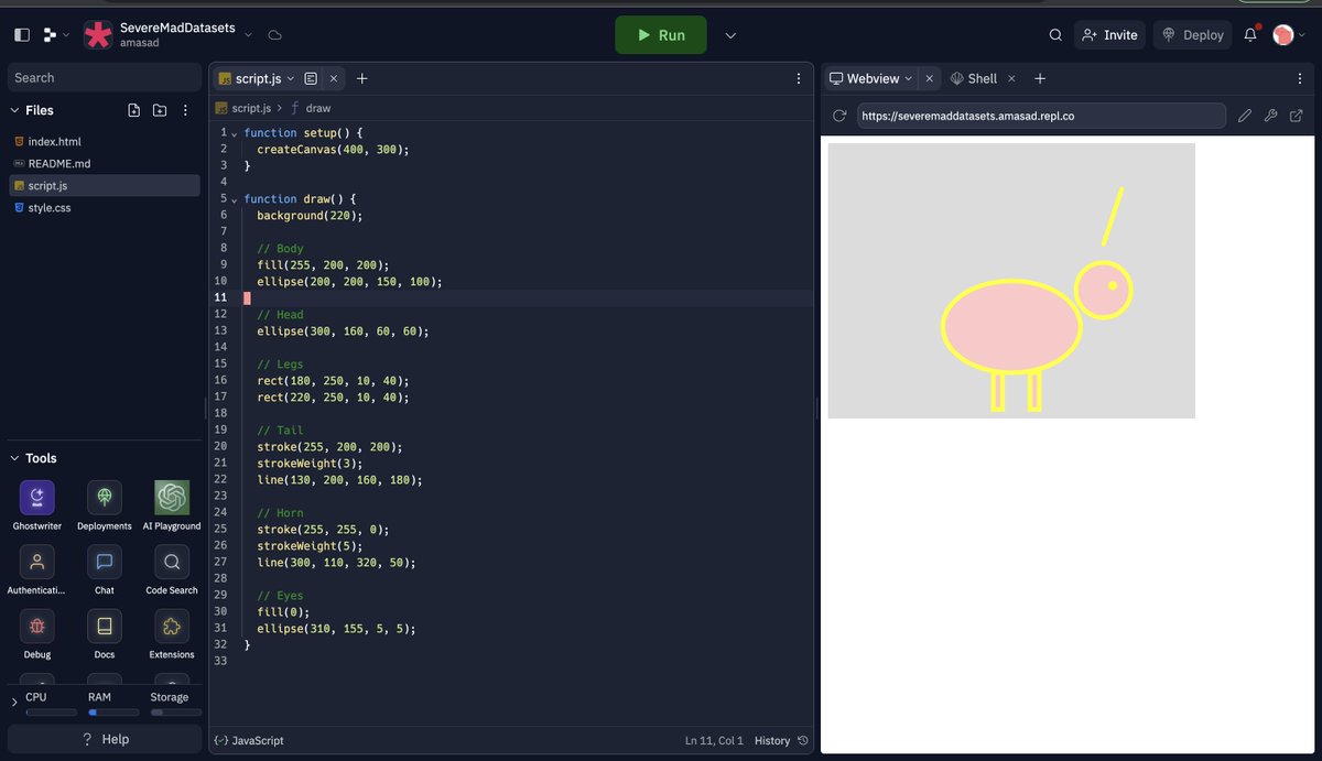 amasad's tweet image. "draw a unicorn in p5.js"

replit-finetuned-3b vs GPT4