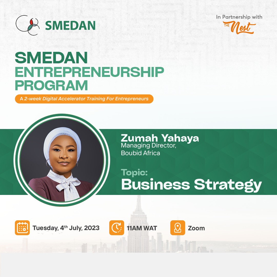 Today, I will be delivering a session on Business Strategy at the @smedaninfo entrepreneurship program in partnership with the @nesthubng 
 We will delve in to the business development process for SMEs & developing strategies for success.
Looking forward to an exciting session