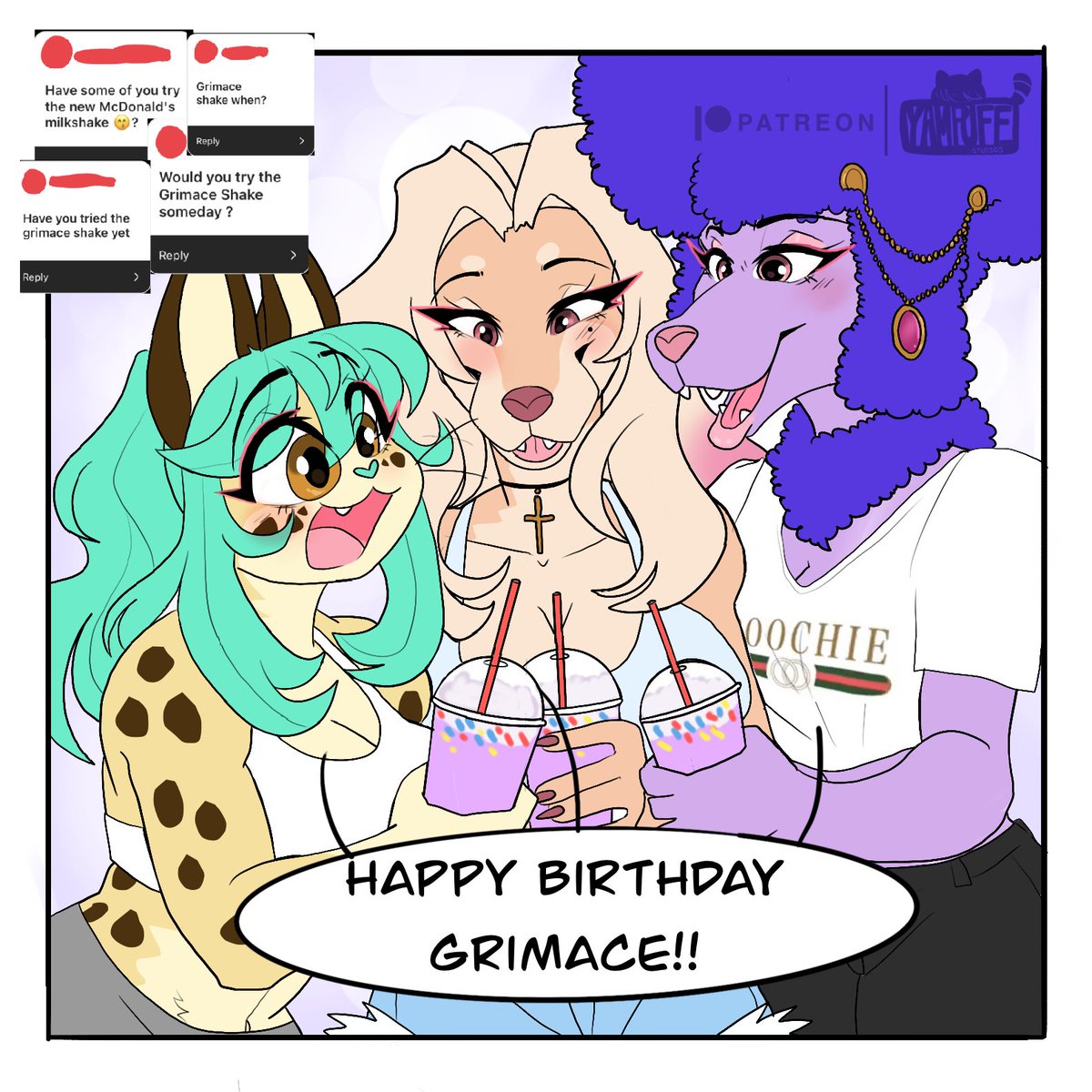 yampuff_arts's tweet photo. The girls try the #GrimaceShake for #GrimacesBirthday 
https://t.co/cA7ZzfuxqK https://t.co/IIyJ11GTrg