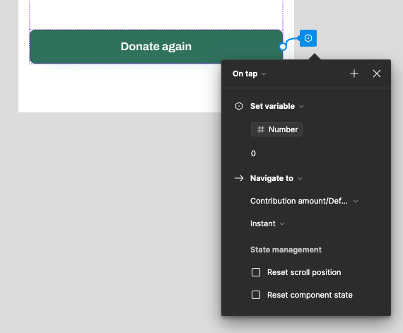 lidlco's tweet photo. @figma #variables are amazing, actually! @figma my main pain was to reset the amount to zero after making a donation. So, i just had to set variable to 0 and navigate back to the start :D https://t.co/MLySgDcFsO