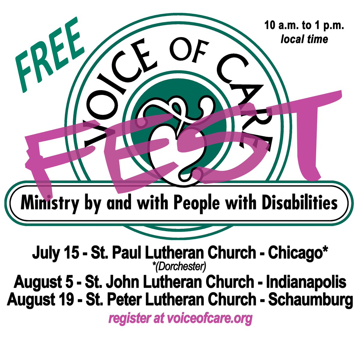 VoiceofCareOrg's tweet photo. Celebrate all abilities at FREE inclusive Voice of CareFEST 2023: Saturday 10 a.m. - 1 p.m. July 15@ St. Paul Lutheran Church/Chicago (Dorchester), August 5@St. John Lutheran Church/Indianapolis, August 19@ St. Peter Lutheran Church/Schaumburg. Register  https://t.co/6fTUeqhOV1. https://t.co/z34H6RqUvx