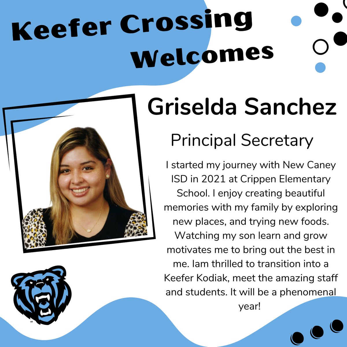 Please give a Kodiak welcome to Griselda Sanchez.  She will be our new Principal's secretary. #kcmskodiaks #ncisd