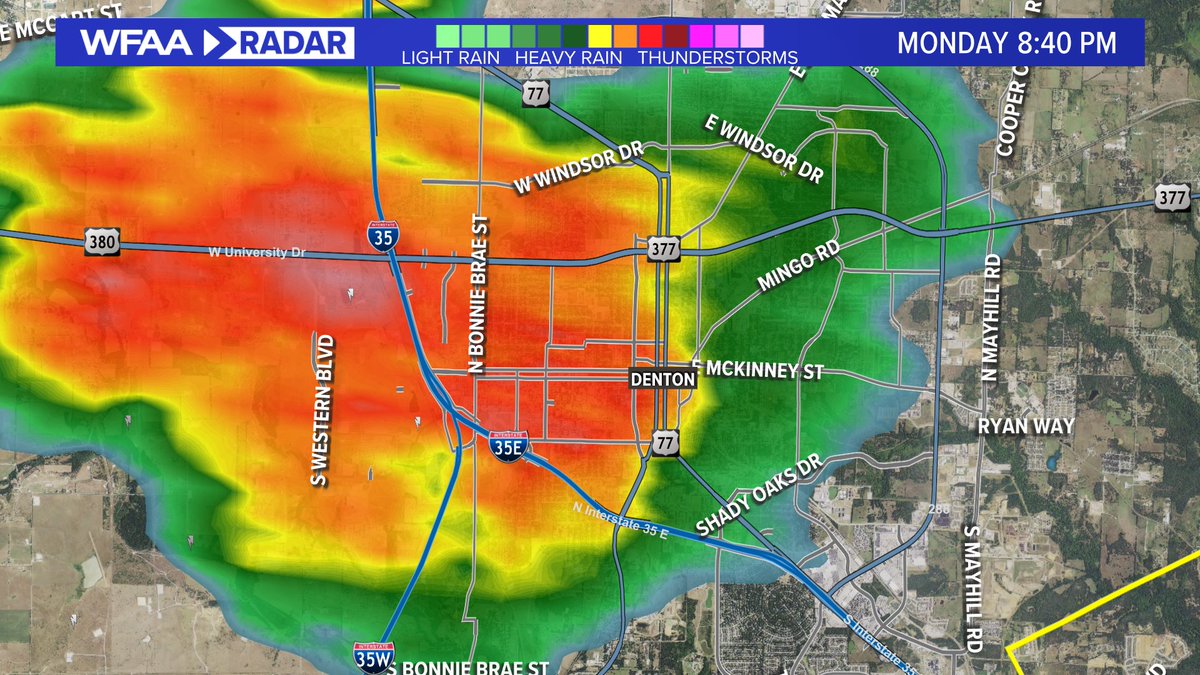 wfaaweather's tweet image. Also, it never rains in Denton...