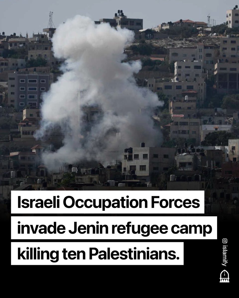 Alhamdhulillaah's tweet photo. 🚨 Israeli Occupation Forces launched airstrikes and raided the Jenin Refugee camp in the West Bank, killing at least 10 Palestinians.

The attacks have led to hundreds of families being expelled from their homes in the camp, with no electricity or supplies.

Bulldozers have also been brought in by the Occupation Forces to destroy buildings and roads, making it difficult for ambulances to travel.