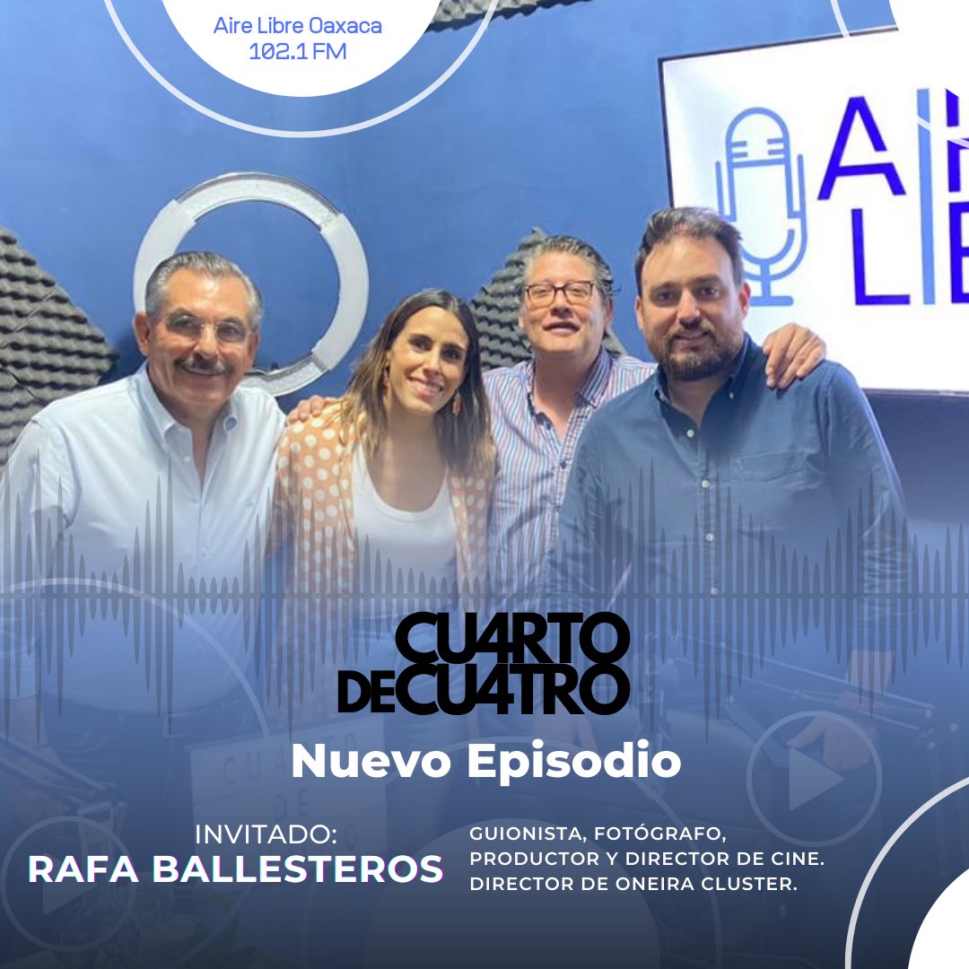 Nos vemos mañana a las 14:30 en <a href="/AireLibreOaxaca/">Aire Libre 102.1 F.M.</a> 
<a href="/JAHFraguas/">José Antonio Hernández Fraguas</a> <a href="/begohm/">Begoña Hernández Mancilla</a> y @SRicardoHM platican con Rafa Ballesteros, productor y director de cine, y director general de Oneira Cluster. 
¡Los esperamos!