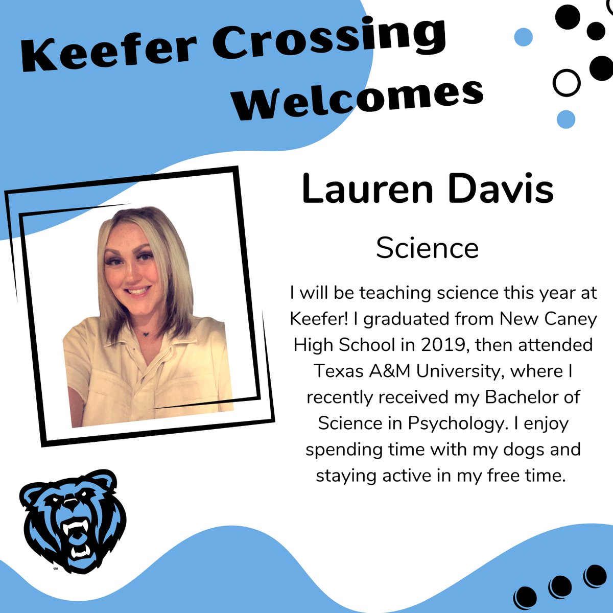 Lauren Davis will be joining our Science department. Please give her a big Kodiak welcome. #kcmskodiaks #ncisd