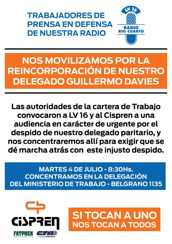 eriverogonzalez's tweet photo. Nos movilizamos por la reincorporación de nuestro delegado Guillermo Davies

Martes 4 de julio nos concentramos en las puertas de la delegación del Ministerio de Trabajo para reclamar la inmediata reincorporación de nuestro compañero. https://t.co/4IpMtdaM7b