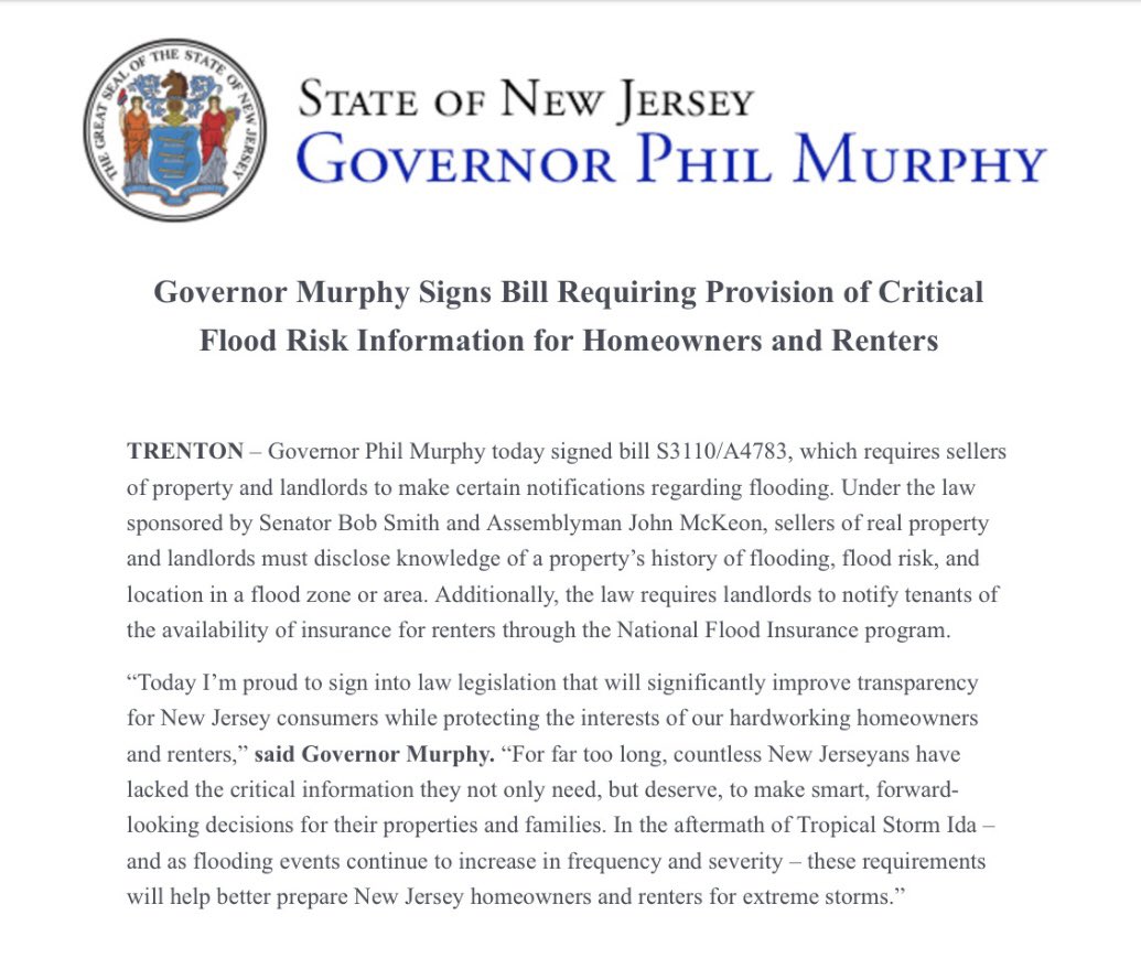 Today, I was proud to sign legislation requiring sellers to disclose a property’s history of flooding and flood risk. As flooding continues to increase in frequency and severity, these requirements will help better inform prospective homeowners and renters of potential risks.