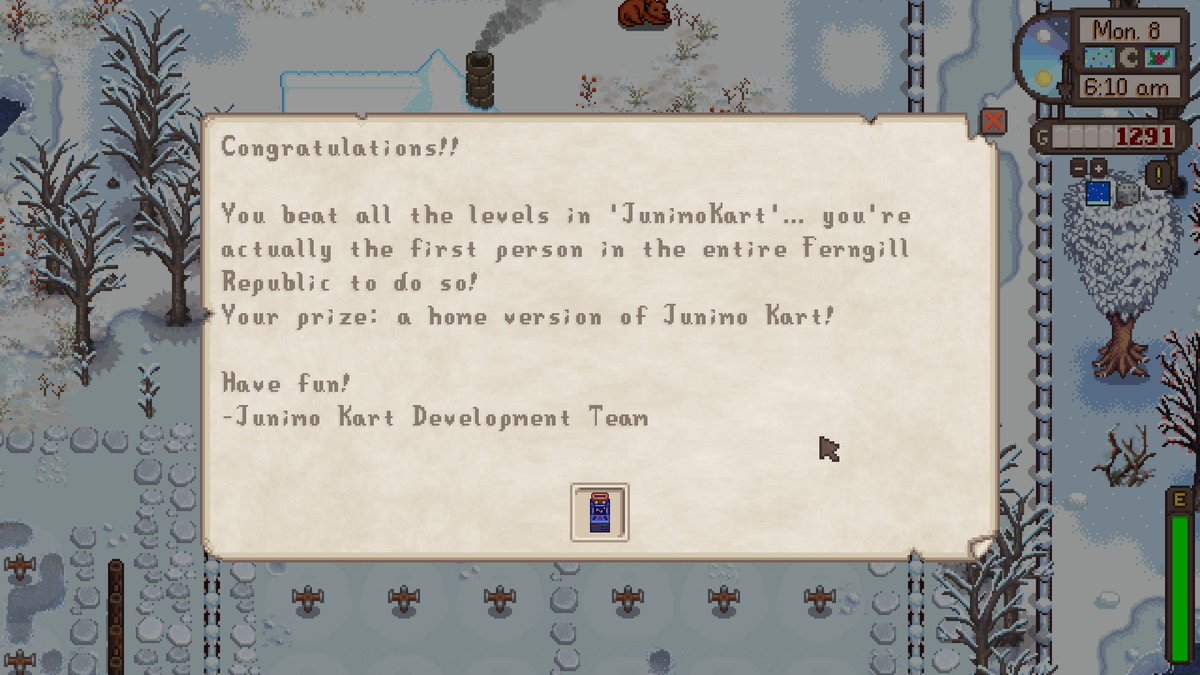 HopelesslyMatty's tweet photo. I just BEAT Junimo Kart!!
Good thing I was recording ๐
(I'll post the clip later) https://t.co/IgAzzDnjYB