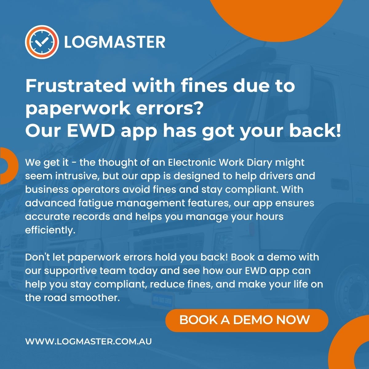 LogmasterAU's tweet image. 🚚 Frustrated with fines due to paperwork errors? Our EWD app has got your back! 📉

✅ Reserve Your Demo Now ✅

#EWD #transportcompliance #fleetmanagement