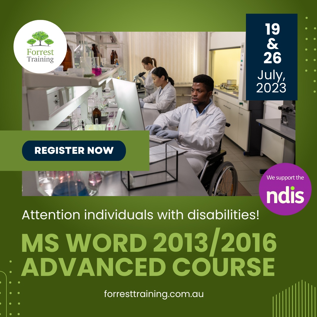 Rogerd681's tweet image. Attention, amazing individuals with disabilities!

Join us on July 19th and 26th for the MS Word 2013/2016 Advanced Course at Forrest Training, crafted just for you.

National Phone: 1300 667 814
Head Office: +61 2 9262 2284 

#ForrestTraining #EmpoweringAbilities