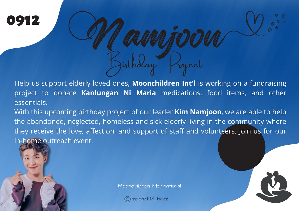 RMStreamingHost's tweet photo. In honor of 🐨RM's birthday🎂🎉:

Moonchildren International, a group of ARMY streamers, is raising funds for Kanlungan ni Maria, a home for poor, neglected, sick, and abandoned elderlies in the Philippines.  

To donate👇 https://t.co/wAXOpcaUVG