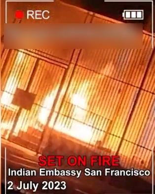 ANI's tweet photo. United States | A group of Khalistan radicals on July 2 set Indian Consulate on fire in San Francisco. The fire was suppressed quickly by the San Francisco Fire Department. No major damages or staffers were harmed. Local, state and federal authorities have been notified. The US Department of State has strongly condemned the act of violence

(Screengrab of the video)
