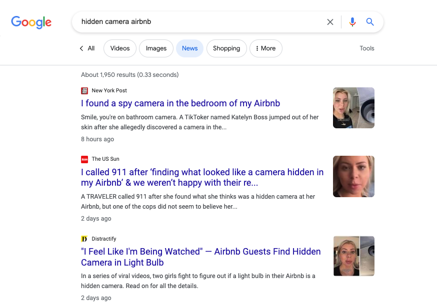 HiddenCamDetect's tweet photo. @_admiral_atlas_ It's in the news almost every day! Just try searching "hidden camera airbnb" in Google and filtering by "News". I think you'd be surprised by how prevalent this problem is! https://t.co/kPZmenHNjr