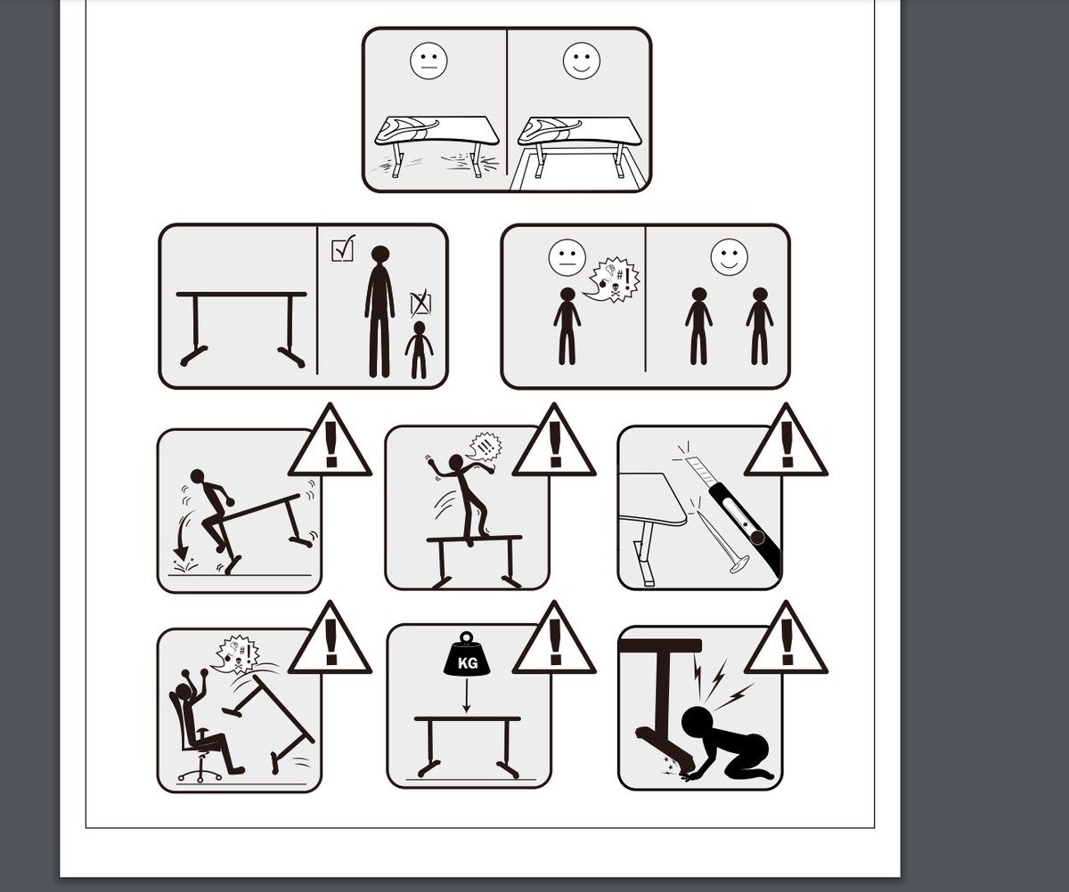RealUnreachabl3's tweet photo. @ArozziChairs, tell me If I got this right:

Top row: Put Desk in Sandbox = 🙂 

2nd Row: No midgets allowed to use the desk and no being alone while using desk?

3rd Row, 1 -No sitting and spitting? | 2 -No surfing the desk? | 3- No stabbing or cutting a bitch? 

4th row, 1 -No letting desk run away? 2- Desk isn't allowed to lift bro? | 3- No letting your lady clean under the desk?

You got me real confused but hey Them's the rules right?
