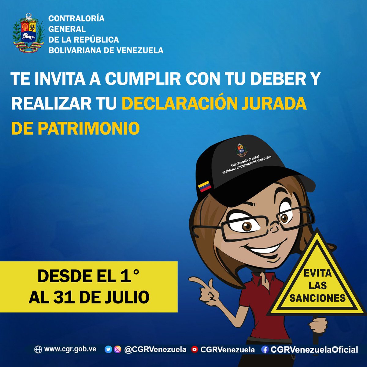 atencionalciu16's tweet photo. #DaccsAlDia | Realiza la actualización de tu #DeclaraciónJuradaDePatrimonio desde el 1° hasta el 31 de julio de 2023.
La Contraloría del estado Anzoátegui presta atención a los funcionarios que necesiten orientación para realizarla. #EvitaLaMultaDeclara https://t.co/f3jo4lok8F