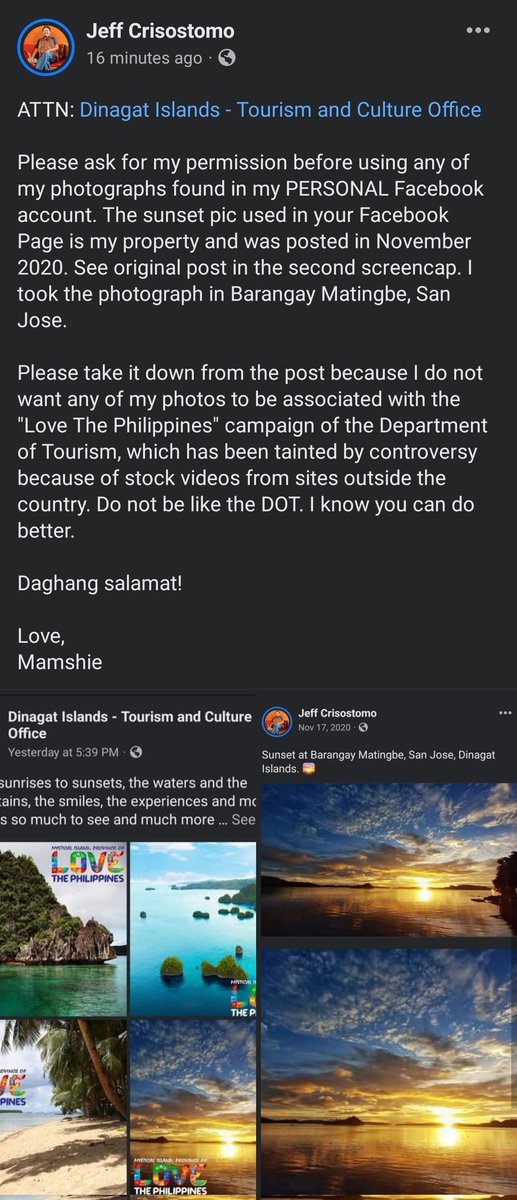 jeffcrisostomo's tweet photo. So na-Marcos ang isang photo ko. Ginamit nang walang paalam ng Dinagat Islands Provincial Tourism &amp; Culture Office na gumawa ng localized "Love The Philippines" campaign. Nakakaloka! Haha!

1st screencap: Post sa page nila
2nd: My post with the original photo
3rd: Called them out https://t.co/iogvSprSwS