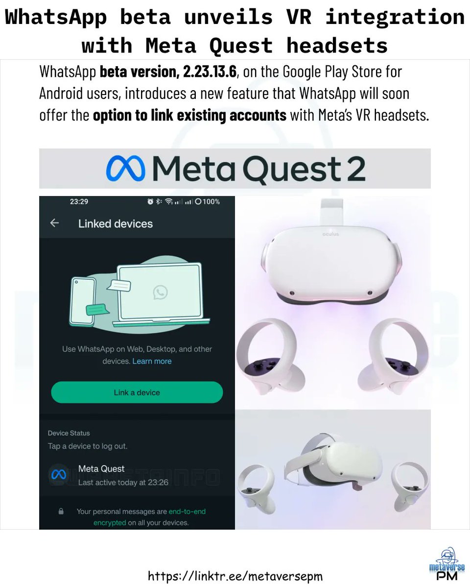 WhatsApp beta unveils VR integration with Meta Quest headsets #metaverse #ar #vr #xr #augmentedreality #virtualreality #mixedreality #questpro #htcvive #openxr #webvr #webxr #arcore #arkit #artoolkit #meta #facebook #metaquest #metaquestpro #whatsapp #whatsappbeta #chatting #apk