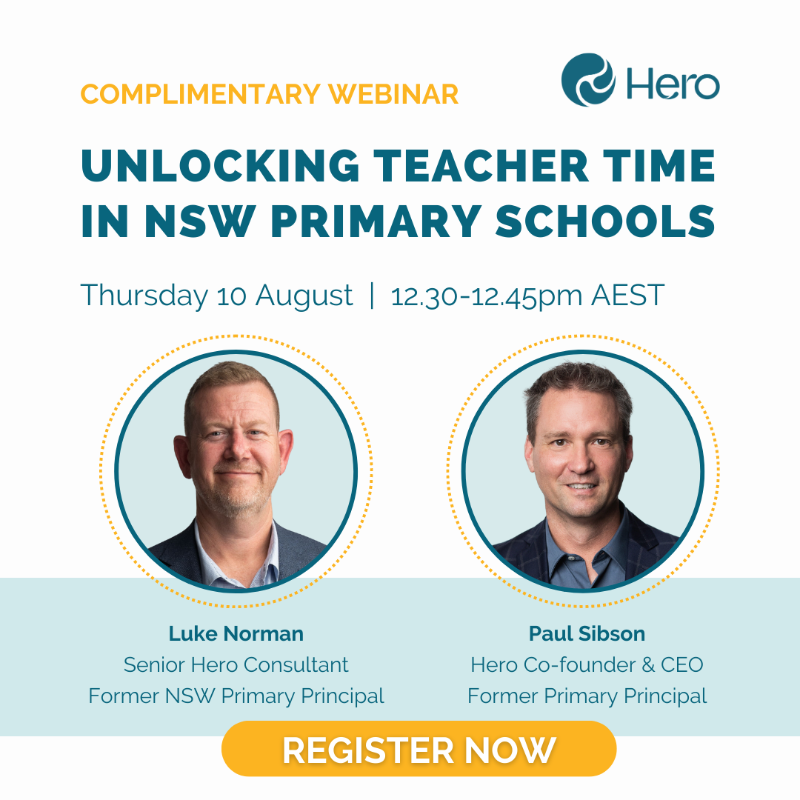 heroforschools's tweet photo. NSW school leaders, mark your calendars for 10 August and join our complimentary, 15-min webinar with two of Hero’s former primary principals. Empower your teaching staff and reclaim valuable time for what’s most important: teaching and learning ⏰

Register now!