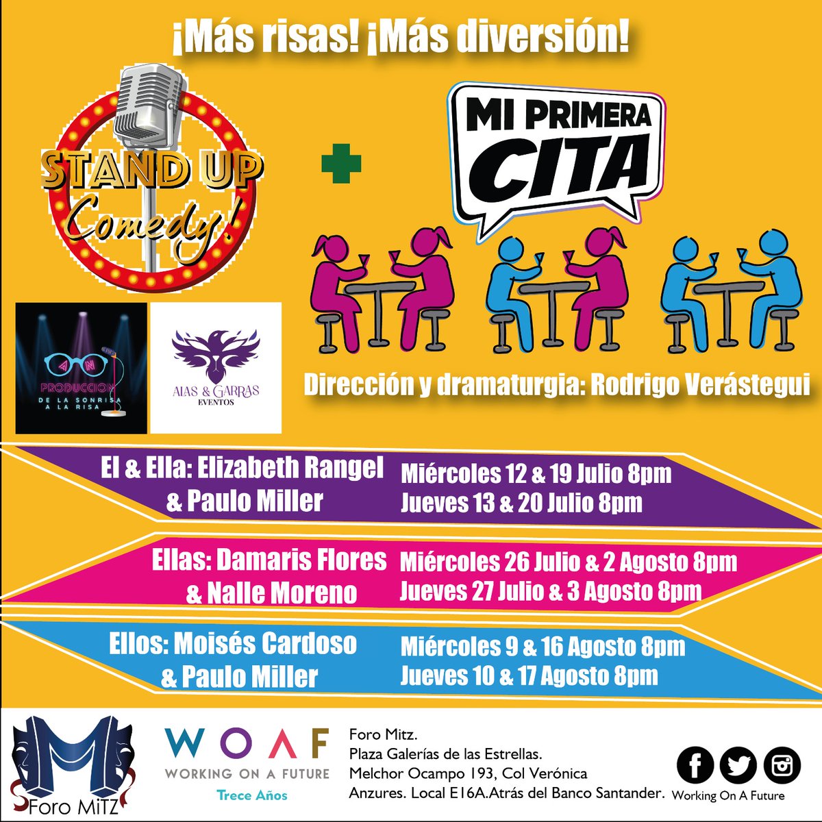 Regresamos #MiPrimeraCita🥂 ahora con #StandUp
Ven a reir sobre la presión social de tener pareja.
400 representaciones de éxito nos respaldan. 🌟🌟🌟🌟
Te esperamos en #ForoMitz 
🎫 en @boletopolis : miprimeracitateatro.boletopolis.com