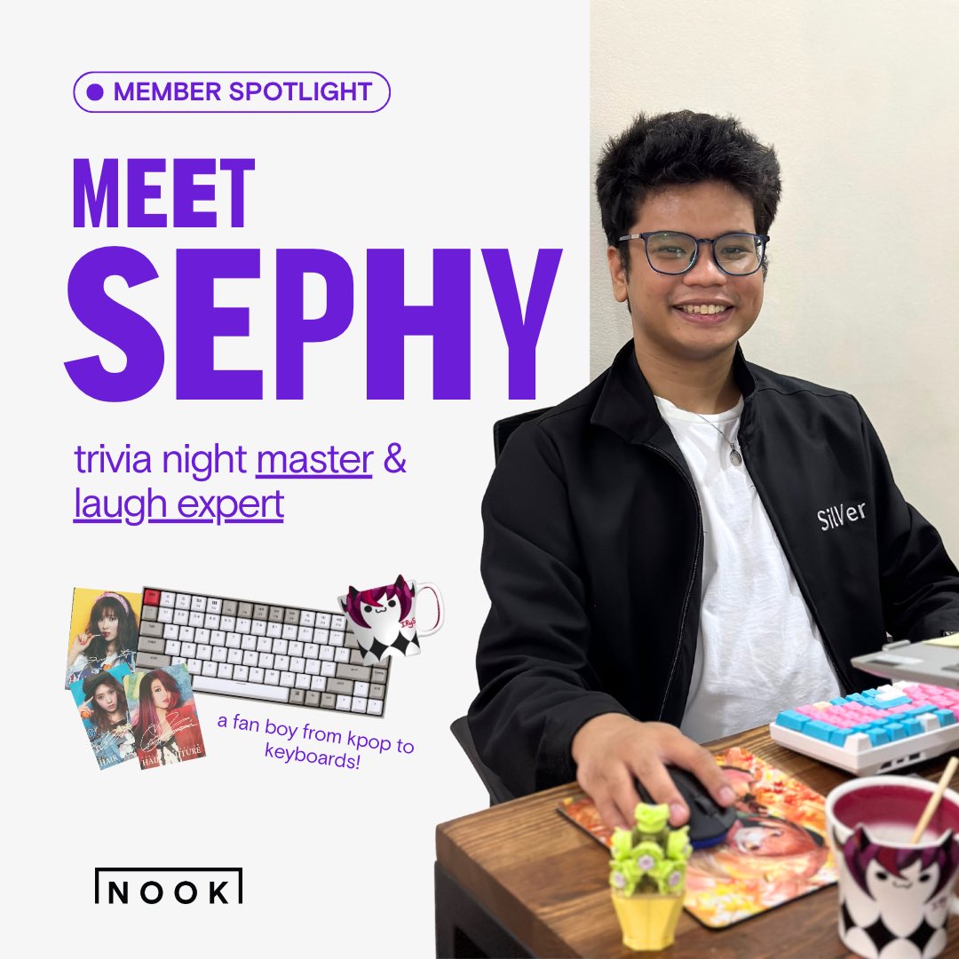 nookph_'s tweet photo. Introducing our Member Spotlight for today…Sephy!

He��s our Trivia Night master and laugh expert at NOOK. If you hear a unique laugh in the space, it’s probably him! 🤪

If you see him around the space, don’t be 

(1/2) https://t.co/KIdjg8Ip5T