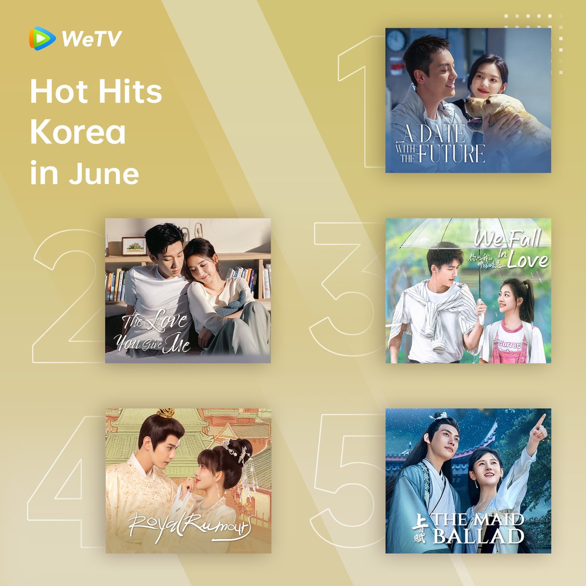 WeTVOfficial's tweet photo. #WeTV Korea Hot Hits in June🔥
#ADateWithTheFuture #照亮你
#TheLoveYouGiveMe #你给我的喜欢
#WeFallinLove #你的我的那场暗恋
#RoyalRumours #花琉璃轶闻
#TheMaidBallad #上国赋
#WeTVRanking
#WeTVAlwaysMore https://t.co/zNPvxtwUaK