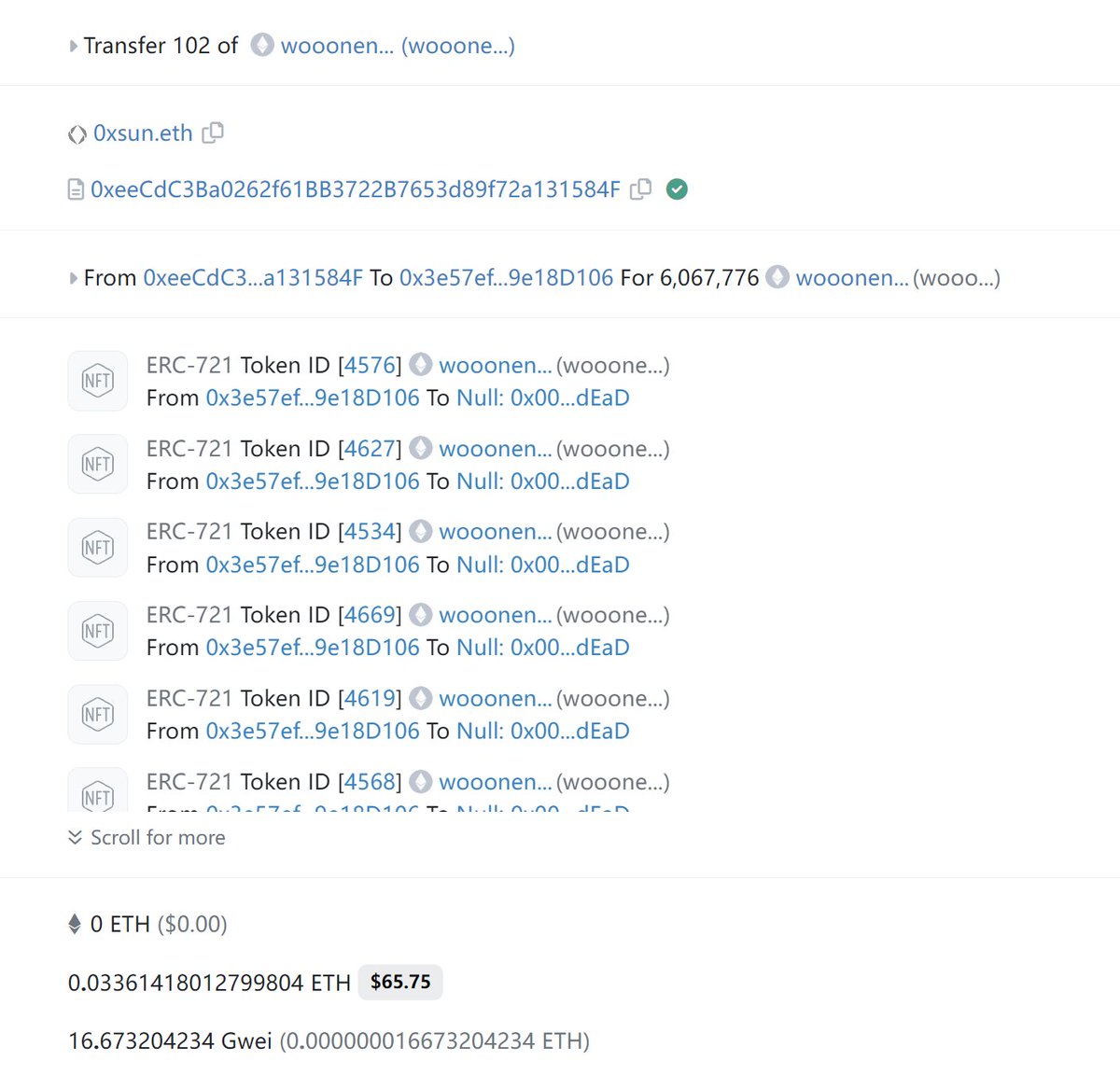 七月目前唯一值得提的NFT @_wooonen_  ，一开始听群友说项目方和Lowb以及Pogai有联系，所以喊大家打了搏后续的代币，目前一只猪换的代币 $wooo 已经值0.05E了，项目方虽然非常搞笑，图丑的和猪头一样、Mint的时候公售和白单搞不清楚、函数名还写错了，但至少热度有了，看看后续还能玩出什么花样吧