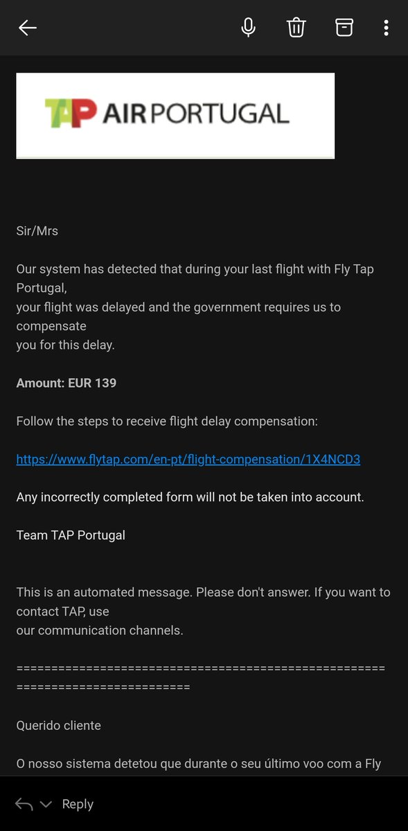 D1VVAN's tweet photo. Hey @tapairportugal, seems your system is being mis-used or already hacked😳

Although, I have taken flights with you, but:
1. I don't have any booking with the given PNR.
2. When I hover over the provided link, it's directing me to a site in "Ghana"!

Thought it wise to alert u! https://t.co/z6yAgdrmS5
