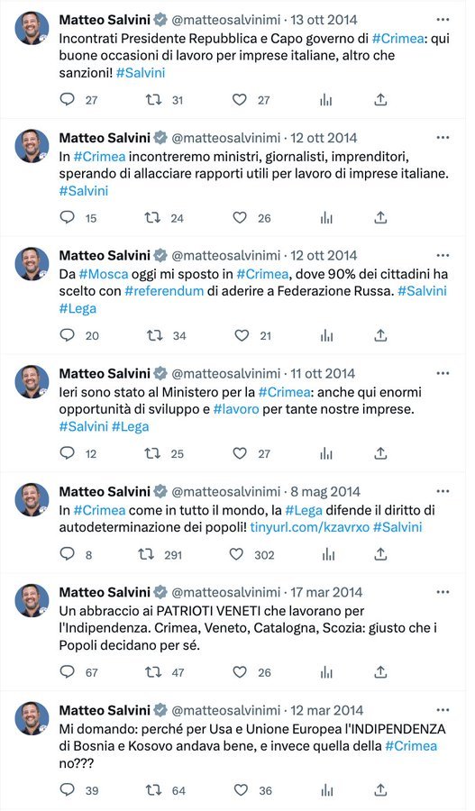 2014 invasione della Russia di Putin in Ucraina,sono passati quasi 10 anni e ancora oggi queste parole non vengono smentite. Putin aveva(ha) degli alleati e amici nella 🇪🇺 e questo è un dato di fatto!
#SalviniDimettiti
#Lega_della_VERGOGNA