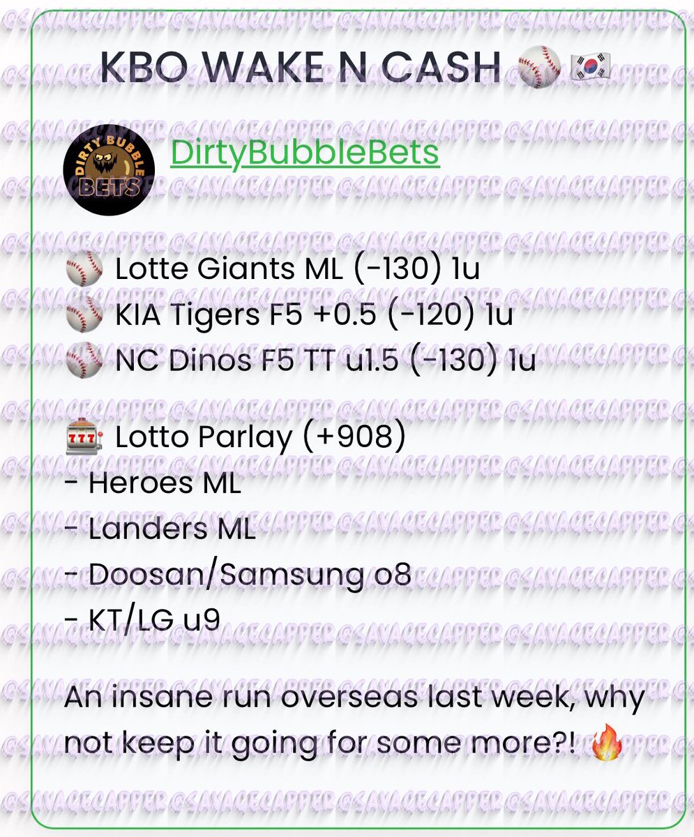 SavageCappers's tweet image. KBO PICKS FROM #CaliforniaWager #RBsSportsPlays #KimsPicks #DirtyBubbleBets 🔥

#GamblingTwitter #wakeandcash #wakencash #kbopicks #kbobets #sportsconsultant #parlay