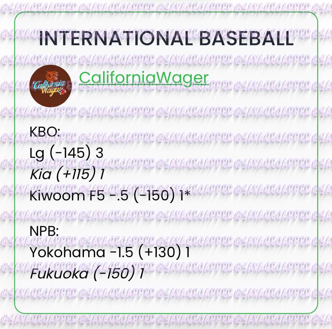 SavageCappers's tweet image. KBO PICKS FROM #CaliforniaWager #RBsSportsPlays #KimsPicks #DirtyBubbleBets 🔥

#GamblingTwitter #wakeandcash #wakencash #kbopicks #kbobets #sportsconsultant #parlay