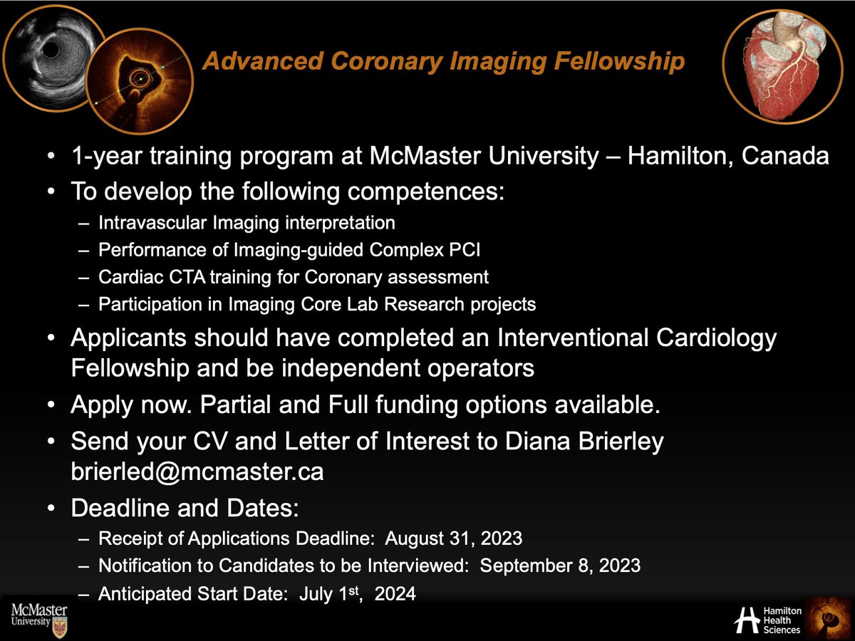 Advanced Coronary Imaging Fellowship @McMasterU Apply now if you want to develop PCI skills guided by #CCTA #IVUS #OCT @IcCanadian @SCAI @SOLACI3 @IC_SIAC @OPCILive @PCRonline @ESHLOF @mmamas1973 @mirvatalasnag @ziadalinyc @ColletCarlos @hect2701 @MaeharaAkiko @NievesGonzalo1
