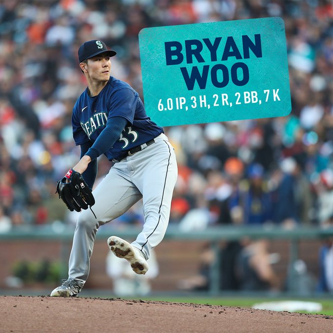 Stat graphic for Bryan Woo's night with a picture of him on the mound with his line for tonight's game: 6.0 IP, 3 H, 2 R, 2 BB, 7 K